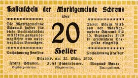 Notgeld Schrems (Autriche) - 20 heller - �mission du 15 mars 1920 - face