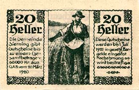 Notgeld Sierning ( Autriche ) - 20 heller - émission du 20 mars 1920 - face
