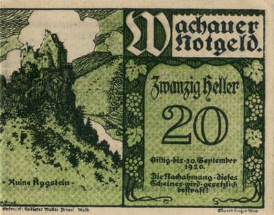 Gutschein der Gemeinde Spitz an der Donau (Autriche) - 20 heller - valable jusqu'au 30&nbsp;septembre&nbsp;1920 - face