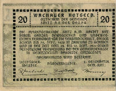 Gutschein der Gemeinde Spitz an der Donau (Autriche) - 20 heller - valable jusqu'au 30&nbsp;septembre&nbsp;1920 - dos