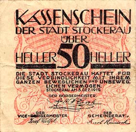 Notgeld Stockerau ( Autriche ) - 50 heller - valable jusqu'au 15 août 1920 - face