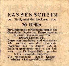 Notgeld Stockerau ( Autriche ) - 50 heller - valable jusqu'au 15 août 1920 - dos
