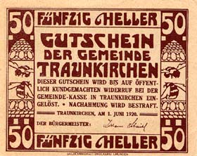 Notgeld Traunkirchen ( Autriche ) - 50 heller - émission du 1er juin 1920 - dos