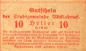 Notgeld Vöcklabruck ( Autriche ) - 10 heller - Emission du 29 novembre 1919 - dos