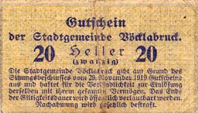 Notgeld Vöcklabruck ( Autriche ) - 20 heller - Emission du 29 novembre 1919 - dos