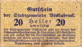 Notgeld V�cklabruck (Autriche) - 20 heller - Emission du 29 novembre 1919 - dos