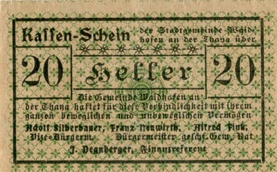 Notgeld Waidhofen an der Thaya (Autriche) - 20 heller - 1er&nbsp;janvier&nbsp;1920 - face