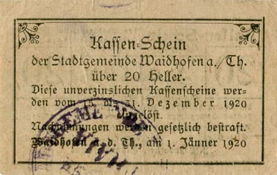 Notgeld Waidhofen an der Thaya (Autriche) - 20 heller - 1er&nbsp;janvier&nbsp;1920 - dos
