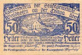 Notgeld Waidhofen an der Thaya ( Autriche ) - 50 heller - Emission du 1er juin 1920 - bleu - face