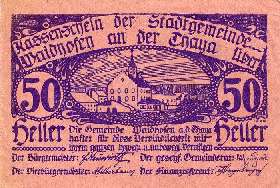 Notgeld Waidhofen an der Thaya ( Autriche ) - 50 heller - Emission du 1er juin 1920 - violet - face
