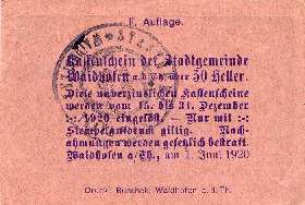 Notgeld Waidhofen an der Thaya ( Autriche ) - 50 heller - Emission du 1er juin 1920 - violet - dos