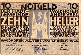 Notgeld Waidhofen an der Ybbs ( Autriche ) - 10 heller - émission du 1er février 1920 - face