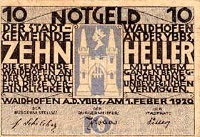 Notgeld Waidhofen an der Ybbs (Autriche) - 10 heller - �mission du 1er f�vrier 1920 - face
