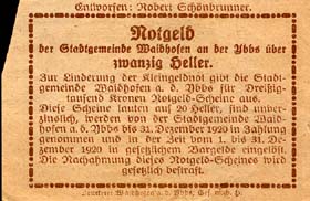 Notgeld Waidhofen an der Ybbs (Autriche) - 20 heller - �mission du 1er f�vrier 1920 - dos