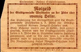 Notgeld Waidhofen an der Ybbs ( Autriche ) - 20 heller - émission du 1er février 1920 - dos