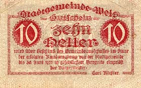 Notgeld Wels ( Autriche ) - 10 heller - valable jusqu'au 30 juin 1920 - rouge - dos