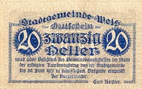 Notgeld Wels ( Autriche ) - 20 heller - valable jusqu'au 30 juin 1920 - bleu - dos