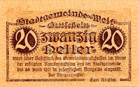 Notgeld Wels ( Autriche ) - 20 heller - valable jusqu'au 30 juin 1920 - brun - dos