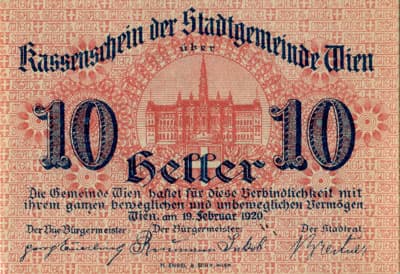 Notgeld Wien<br> (Autriche) - 10 heller - 19&nbsp;f�vrier&nbsp;1920 (sans point apr�s 