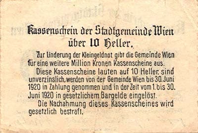 Notgeld Wien<br> (Autriche) - 10 heller - 21 novembre 1919 - dos
