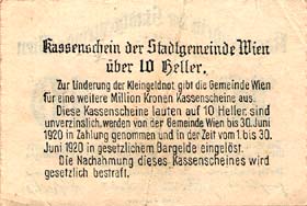 Notgeld Wien<br> ( Autriche ) - 10 heller - émission du 21 novembre 1919 - dos