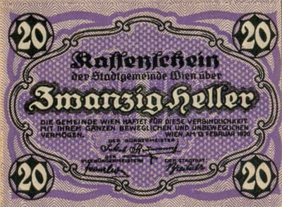 Notgeld Wien<br> (Autriche) - 20 heller - 13&nbsp;f�vrier&nbsp;1920 - face