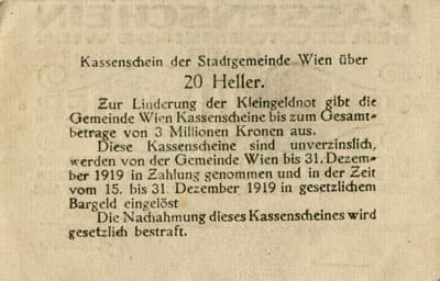 Notgeld Wien<br> (Autriche) - 20 heller - 4&nbsp;octobre&nbsp;1919 - dos