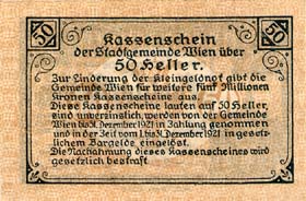 Notgeld Wien<br> ( Autriche ) - 50 heller - émission du 3 décembre 1920 - dos