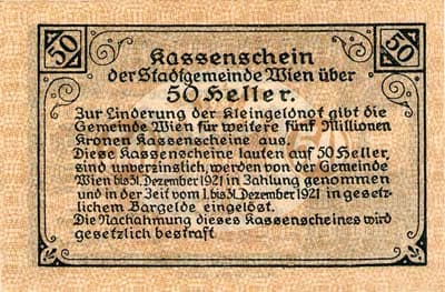 Notgeld Wien<br> (Autriche) - 50 heller - 3 d�cembre 1920 - dos