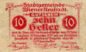 Notgeld Wiener-Neustadt ( Autriche ) - 10 heller - Emission du 29 mars 1920 - face