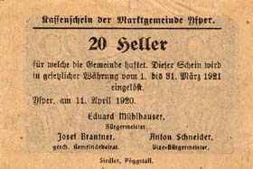 Notgeld Ysper ( Autriche ) - 20 heller - Emission du 11 avril 1920 - dos
