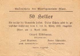 Notgeld Ysper ( Autriche ) - 50 heller - Emission du 11 avril 1920 - dos