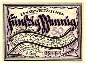 Notgeld District de Randow - 50 pfennig - �mission du 1er septembre 1921 - dos