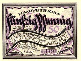 Notgeld Randow - Stettin - 50 pfennig - émission du 1er septembre 1921 - dos