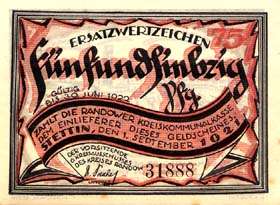 Notgeld Randow - Stettin - 75 pfennig - émission du 1er septembre 1921 - dos