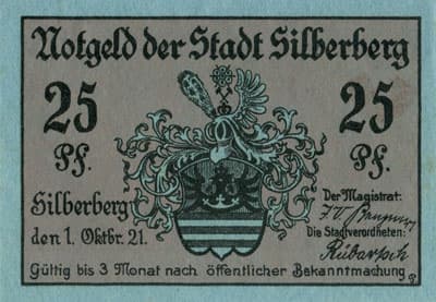 Notgeld der Stadt Silberberg (Schlesien) - Srebrna G&oacute;ra - Pologne - 25&nbsp;pfennig - 1&nbsp;octobre&nbsp;1921 - face