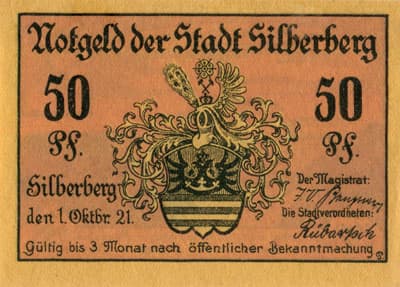 Notgeld der Stadt Silberberg (Schlesien) - Srebrna G&oacute;ra - Pologne - 50&nbsp;pfennig - 1&nbsp;octobre&nbsp;1921 - face