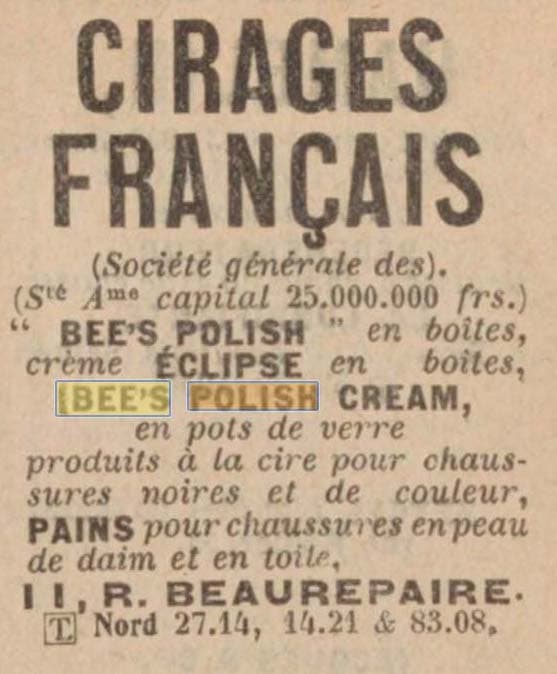 Annuaire Didot-Bottin mentionne la crème Bee's Polish produite par les Cirages Français, Rue Beaurepaire à Paris