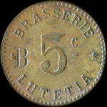 Jeton de nécessité de 5 centimes avec contremarque B émis par la Brasserie Lutetia à Paris - avers