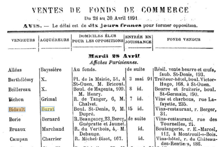 La vente en date du 28 avril 1891 d'un fonds de commerce de vins-restaurant situ� au 31 Rue Berger par Bidault � Burat est publi�e dans les Archives Commerciales de la France du 2 mai 1891.