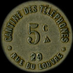 Jeton de nécessité de 5 centimes émis par la Cantine des Téléphones - 29, Rue du Louvre à Paris - avers