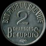 Jeton de nécessité de 2 francs pour un sac vide émis par les Charbons Beaupuis à Paris - avers