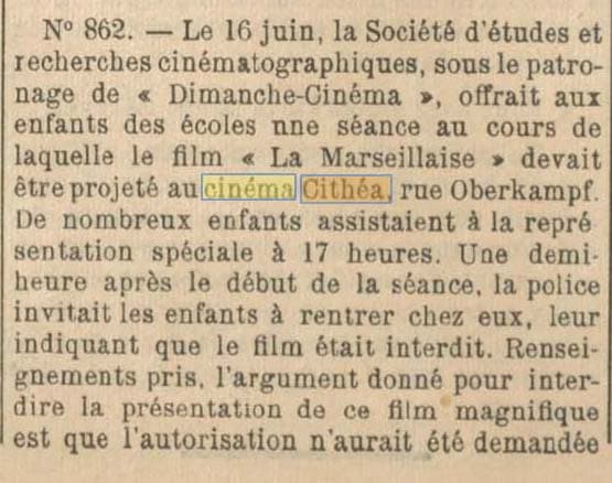Bulletin Officiel de la Ville de Paris du 16 juillet 1949 mentionnant le cinéma Cithéa situé Rue Oberkampt à Paris