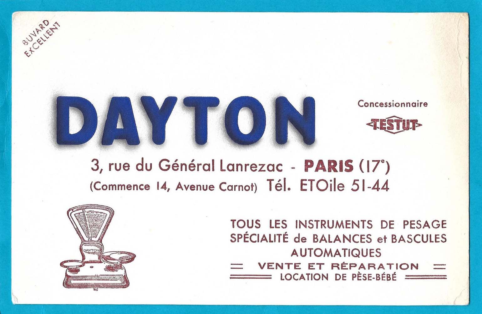 Buvard publicitaire pour Dayton - Concessionnaire Testut - 3, rue du Général Lanrezac à Paris 17e