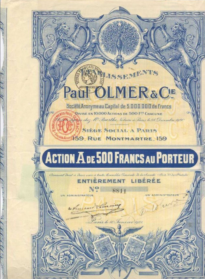 Action A au porteur des Etablissements Paul Olmer 159, Rue Montmartre � Paris