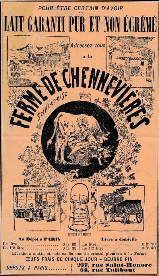 Publicité pour la Ferme de Chennevières en Seine-et-Oise, dépôts à Paris au 54, Rue Taitbout et 257, Rue Saint-Honoré