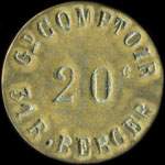 Jeton de nécessité de 20 centimes émis par le Grand Comptoir - 31 Rue Berger à Paris (type 1 - exemplaire 2) - avers