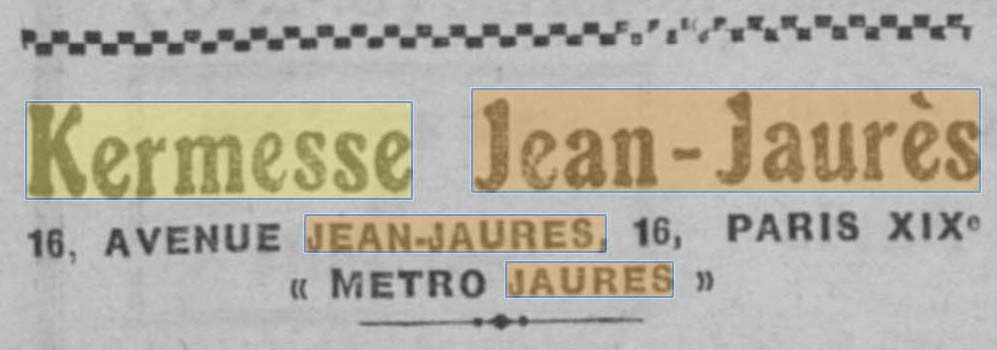 La Kermesse situ�e au 16 Avenue Jean-Jaur�s se trouve dans les journaux et annuaires de l'�poque pendant plusieurs ann�es, par exemple dans Le Batelier du 3 septembre 1930