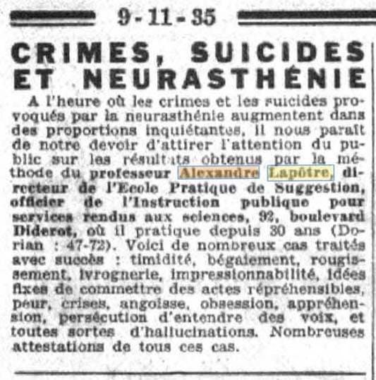 Publicité dans le Petit Parisien du 9 novembre 1935