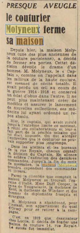 L'arrêt de la Maison de couture Molyneux dans France-Soir du 10 novembre 1950